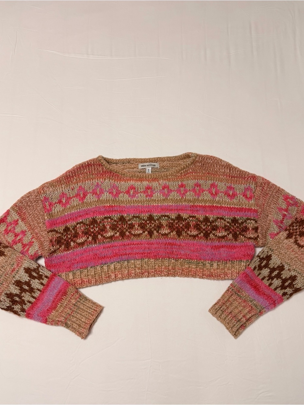 Urban Outfitters Cropped Fair Isle Sweater - Pink, Brown & Cream